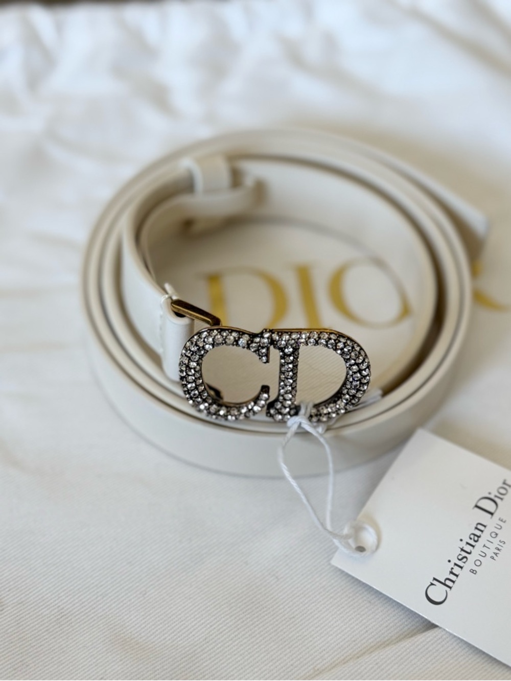 Dior White Crystal CD Buckle Leather Belt